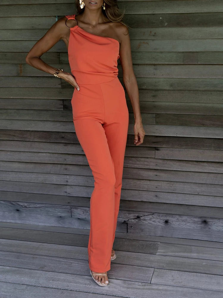 Sexy Backless Sleeveless Jumpsuit Summer Women Elegant Diagonal Collar One Shoulder Playsuits Fashion Solid Slim Ladies Rompers Beauty hair & fashionfj