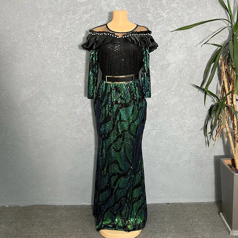 African Dresses For Women 2022 Lady Elegant Glittering Evening Dress Sparkle Sequin Sexy Sheath Maxi Party Gowns Come With Belt Beauty hair & fashionfj