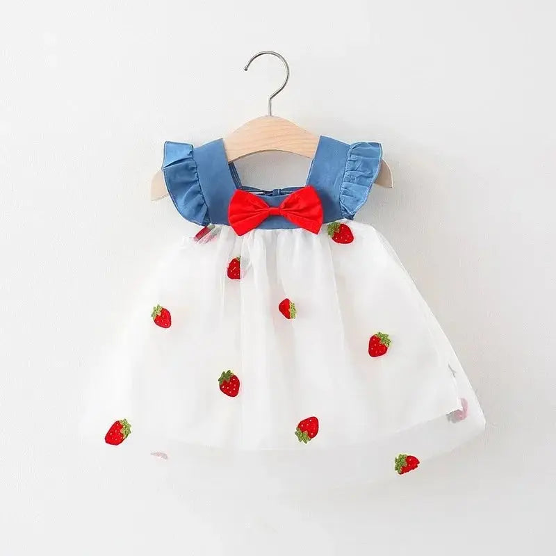 (0-3 Years) Summer New Girls Dress Small Flying Sleeve Bow A-child Dress Embroidered Strawberry Cool Princess Dress Beauty hair & fashionfj