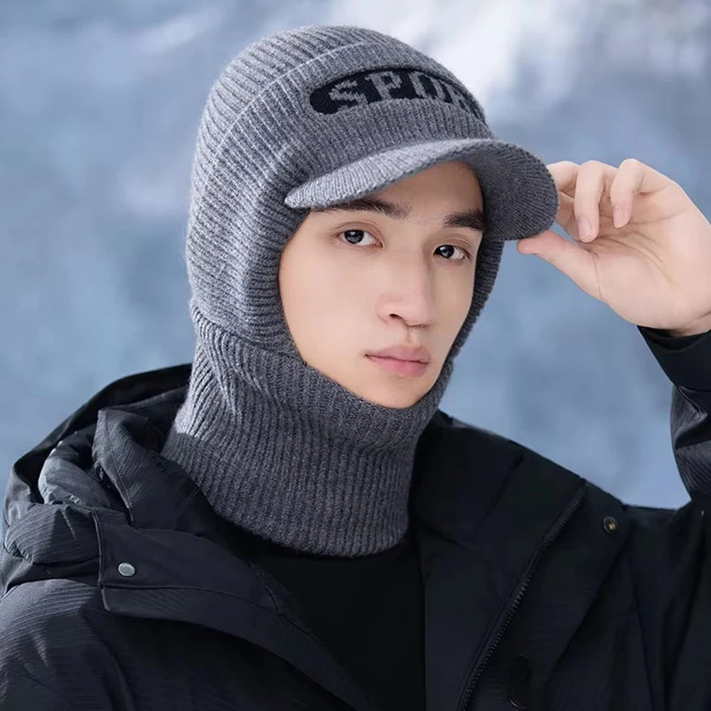 Winter Knitted Hat For Men Women With Ear Protection Integrated Mask Scarf  Couples Windproof Warm Headgear Travel Hat Black