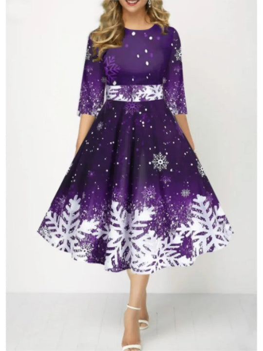 Autumn Winter New Snowflake Digital Print Women's 3/4sleeves Christmas Dress Fashion Waist Elegant Female A Line Christmas Dress Beauty hair & fashionfj