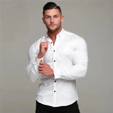 New Spring Autumn Mens Full Sleeve Shirt Solid Fitness Men Turndown Collar Super Slim Fit Business Dress Shirt Button Gym Tops Beauty hair & fashionfj