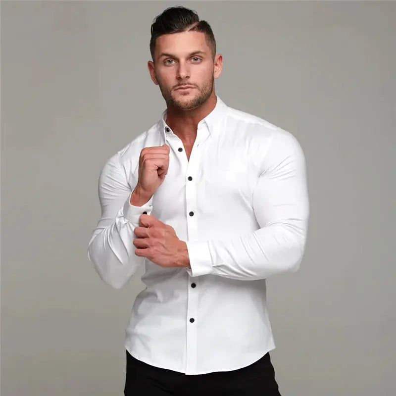 New Spring Autumn Mens Full Sleeve Shirt Solid Fitness Men Turndown Collar Super Slim Fit Business Dress Shirt Button Gym Tops Beauty hair & fashionfj