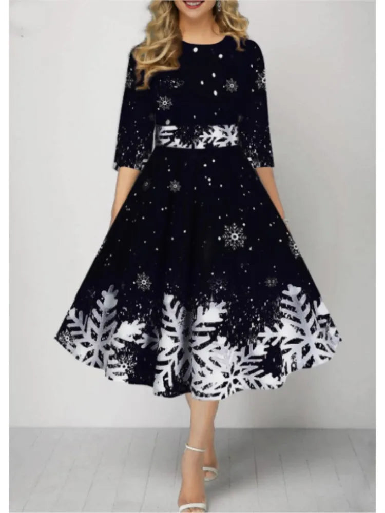 Autumn Winter New Snowflake Digital Print Women's 3/4sleeves Christmas Dress Fashion Waist Elegant Female A Line Christmas Dress Beauty hair & fashionfj