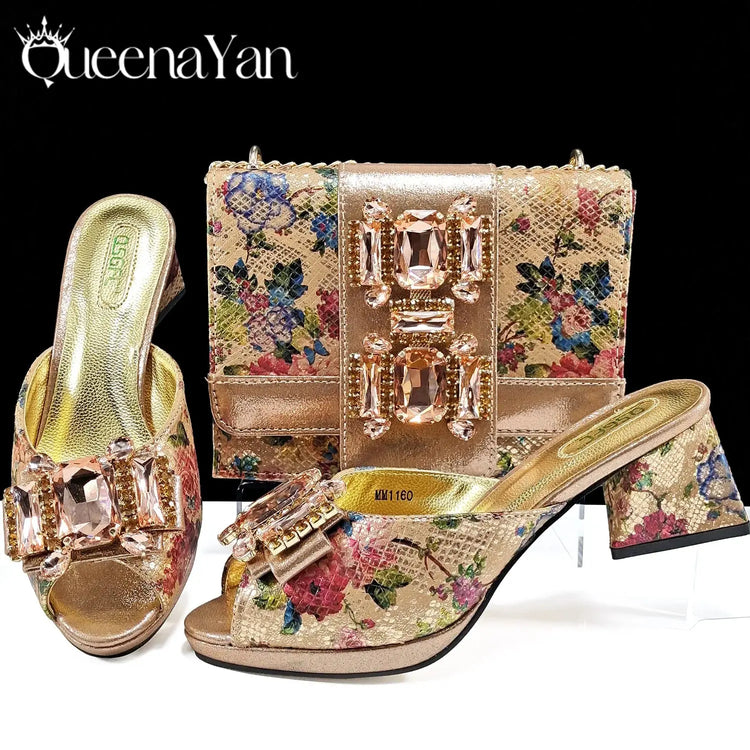 QSGFC Italian Sandals and Bags Matching Set 2025 Women Heel Party for Rose Gold Colour Wedding Bigger Size Thick Heel Shoes Beauty hair & fashionfj
