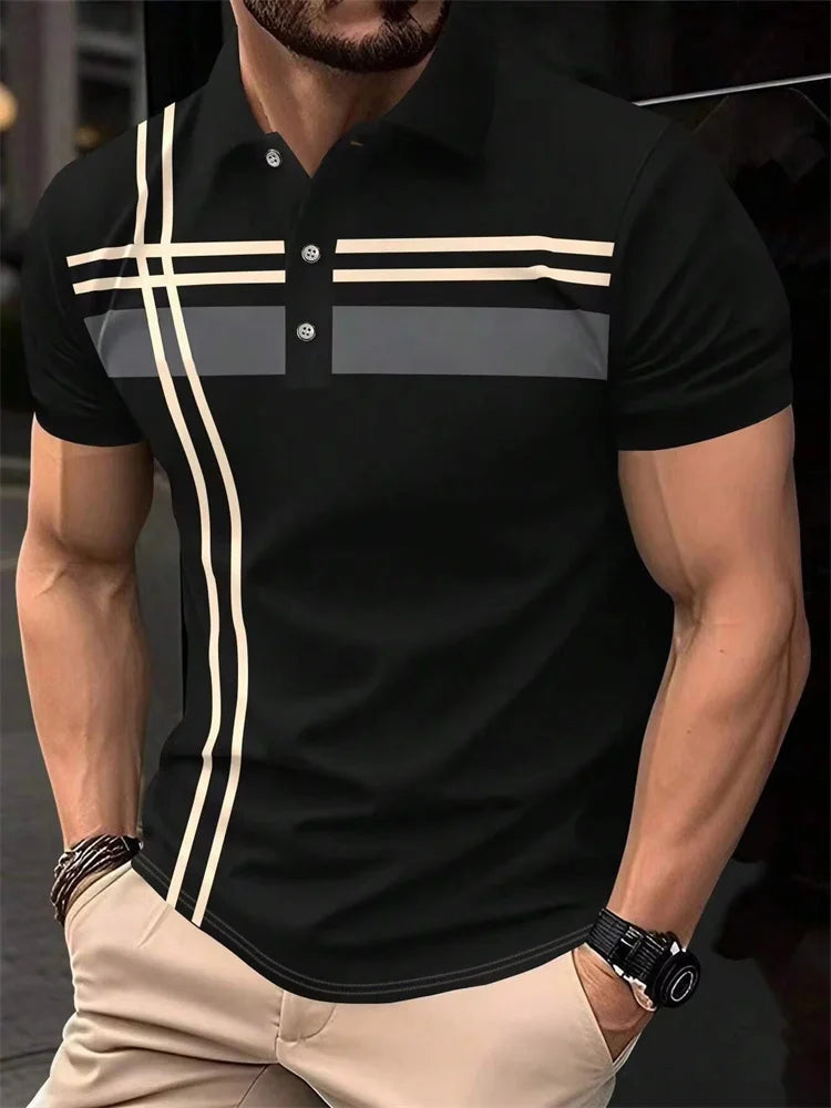 Fashion Stripe Print Polo T Shirt For Men Casual Lapel Loose Short Sleeve Tops Business Golf Clothing Comfortable Trend T-shirt Beauty hair & fashionfj
