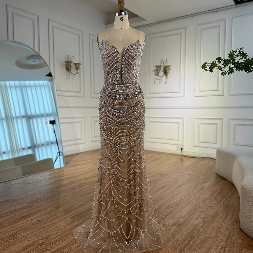 Serene Hill 2025 Customized Nude Silver Beaded Evening Dresses With Sparkling Crystal Embellishments For Formal Occasion LA72900 Beauty hair & fashionfj