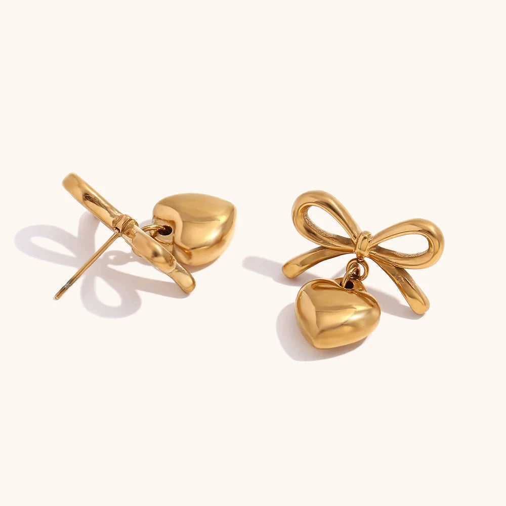 Gold Color Earrings For Women Bow Stud Earring With Love Charm Fashion Cute Jewelry Piercing Ear Accessories Gift Aretes