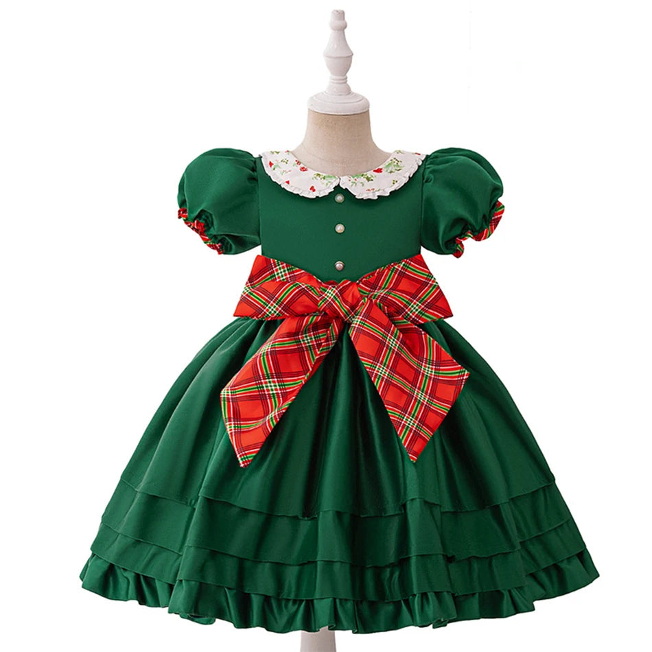 Christmas Dresses Girl Cartoon Print Princess Dress Children Red and Green Sequined Mesh Puff BalL Gown Carnival Clothes