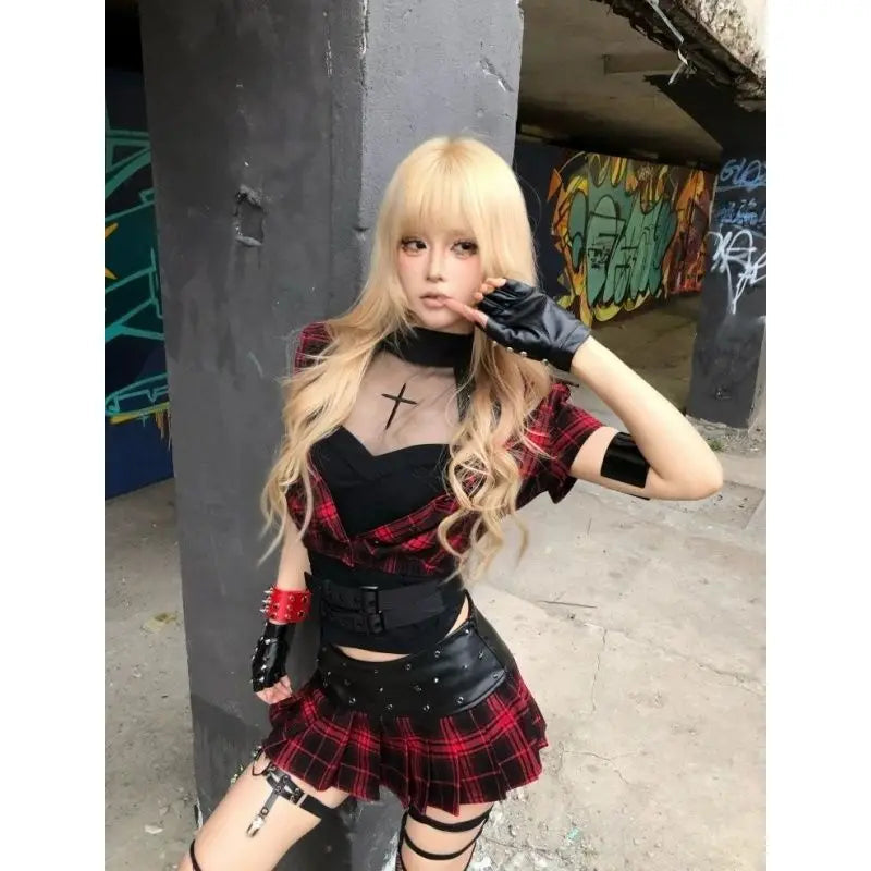 Goth Punk Plaid Two Piece Set Women Red Black Short Sleeve Crop Top Mini Pleated Skirt Belt Gloves Straps Streetwear Outfit 2025 Beauty hair & fashionfj