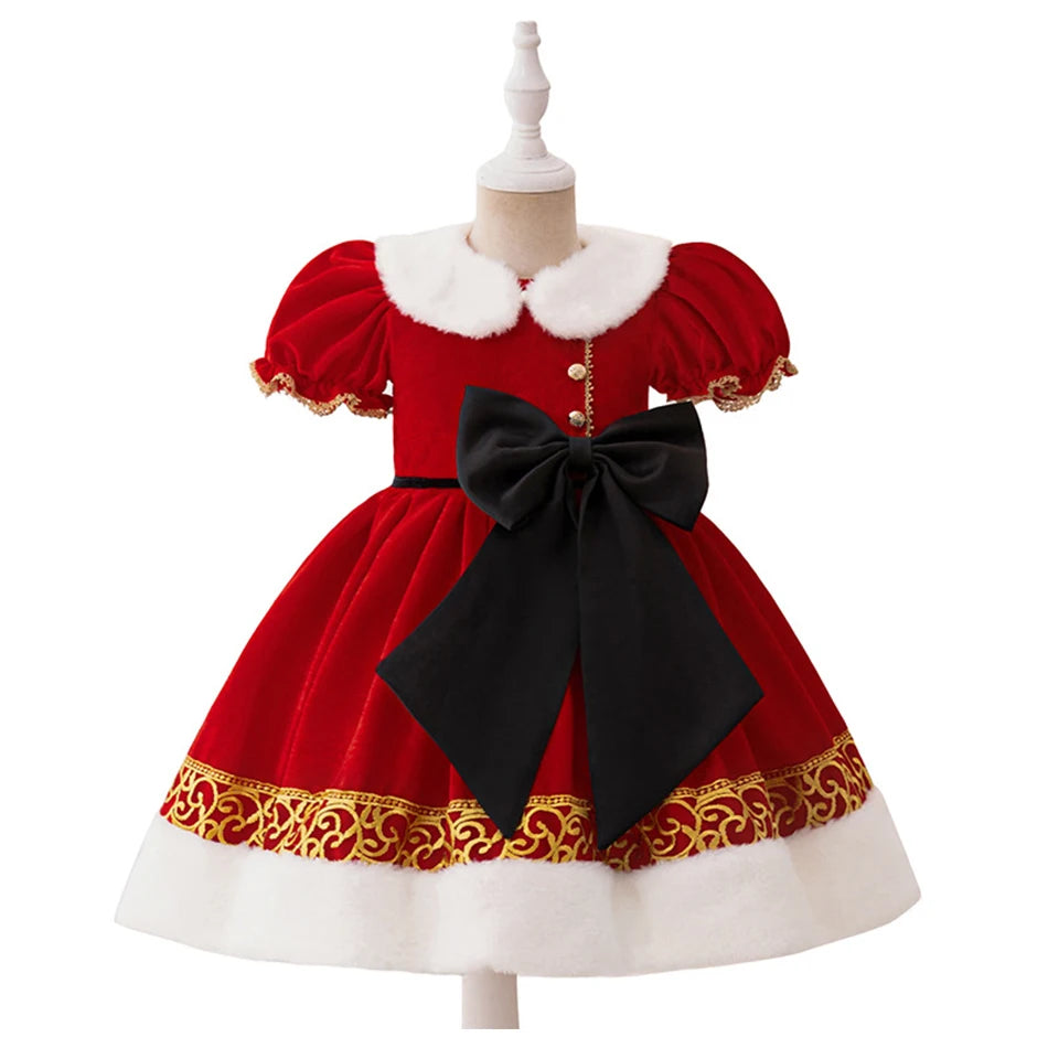 Christmas Dresses Girl Cartoon Print Princess Dress Children Red and Green Sequined Mesh Puff BalL Gown Carnival Clothes