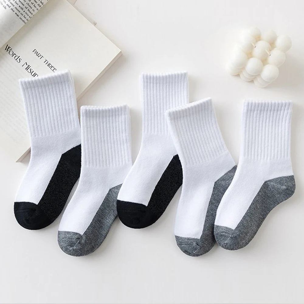 5 pairs of campus student white socks, boys' mid tube socks, mesh socks, breathable, spring and summer sports and leisure socks