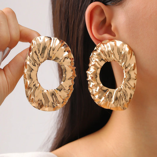 Exaggerated Gold Color Heart Oval Earrings For Women Metal Earing Jewelry 2025 Trending Irregular Wrinkled Geometric Earrings