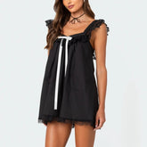 Cute Ribbon Bow Square Collar Sleeveless Short Dress Lace Trimmed Babydoll Mini Dress Fairycore Y2k Cute Women A-line Dress Beauty hair & fashionfj