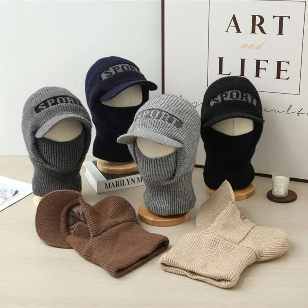 Winter Knitted Hat For Men Women With Ear Protection Integrated Mask Scarf  Couples Windproof Warm Headgear Travel Hat Black