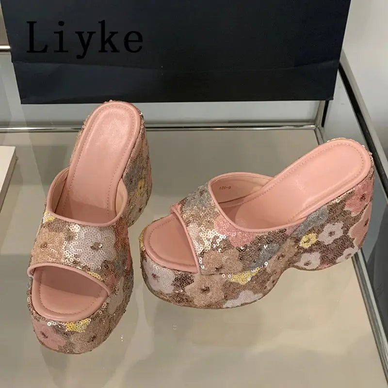 Liyke Fashion Design Mixed Colors Sequined Platform Wedges Slippers Sandals Summer Party Banquet Super High Heels Shoes Women Beauty hair & fashionfj