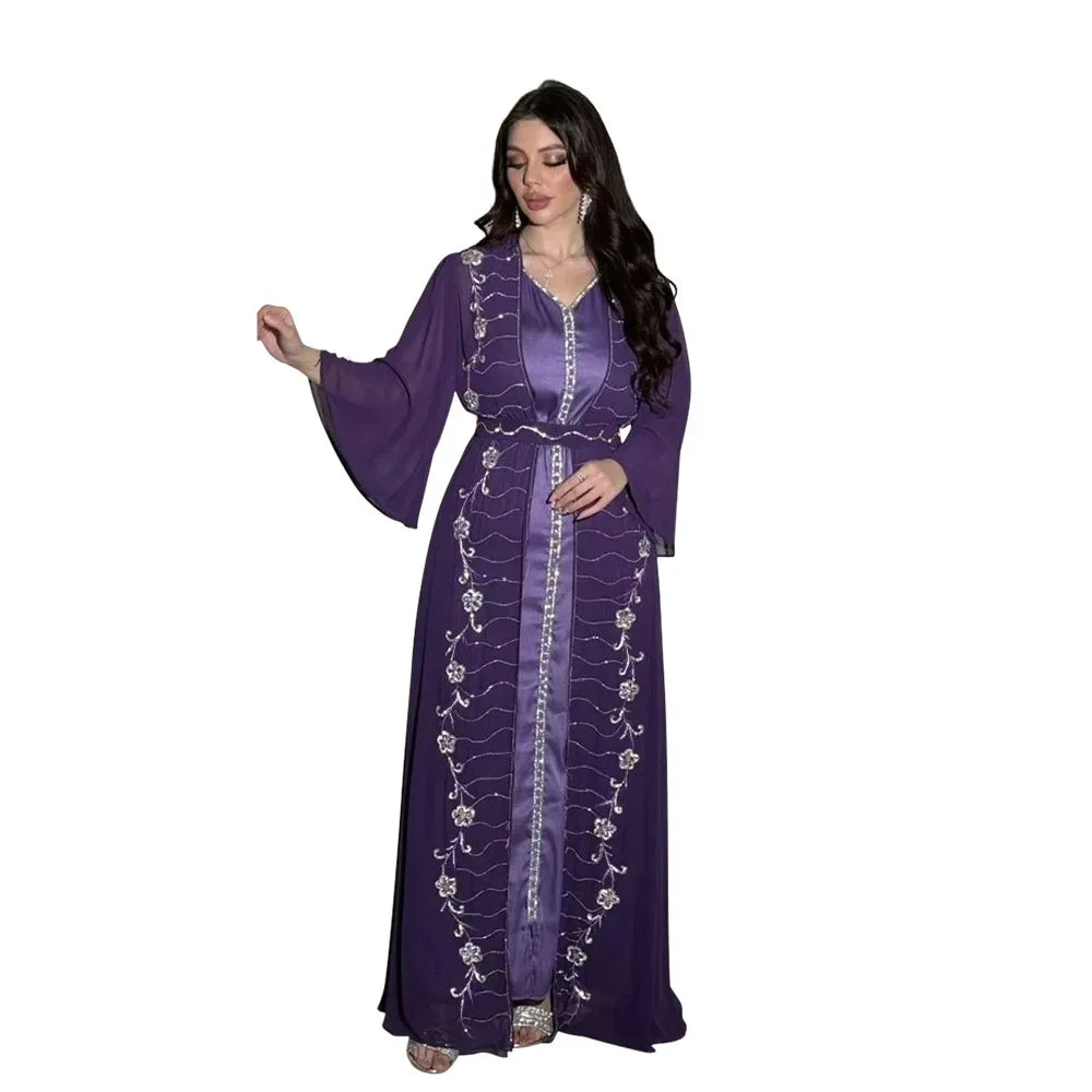 Muslim Set Dress Women Four-season Commute Muslim Set Fashion Party Dubai Turkey Long Sleeve Chiffon Cardigan Dress and Vest 2ps Beauty hair & fashionfj