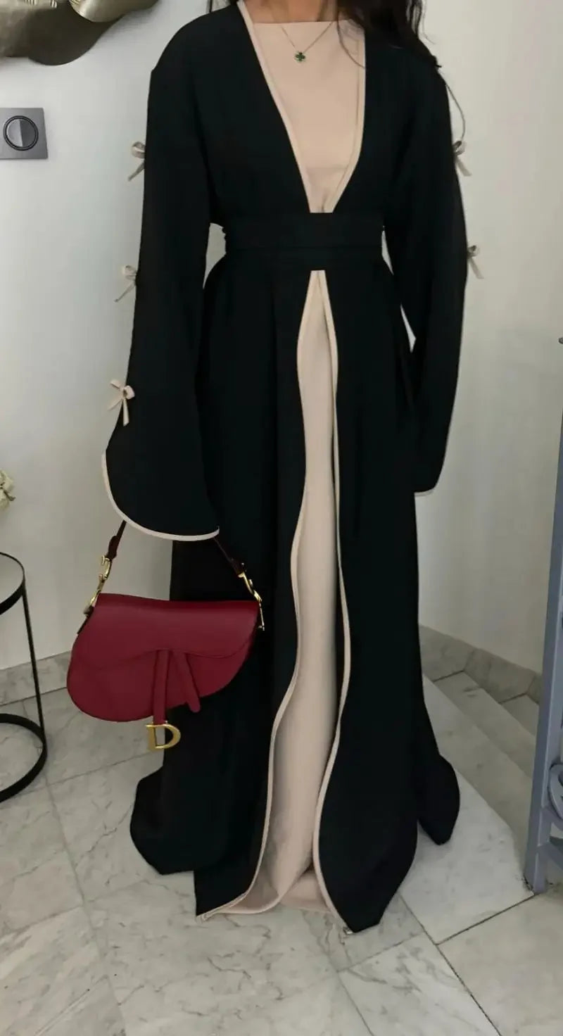 Women Muslim Arab Bow Round Neck Gown Long Sleeves Corset Ramadan Elegant Loose Cardigan Beauty hair & fashionfj