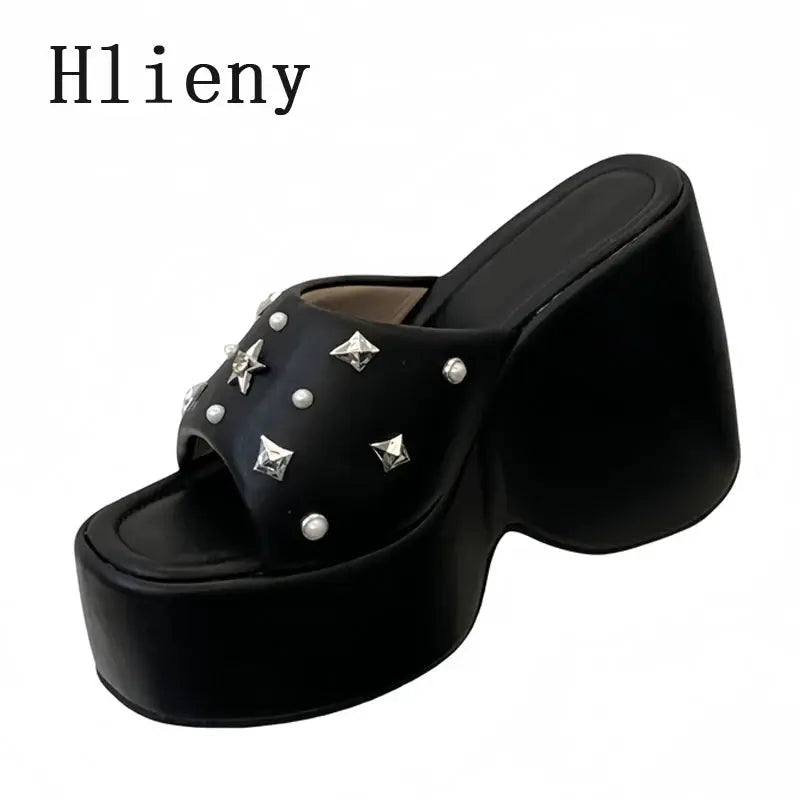 Hlieny Summer Platform Women's Wedges Slippers Shoes Fashion Metal Rivets Thick Bottom High Heels Banquet Female Sandals Beauty hair & fashionfj