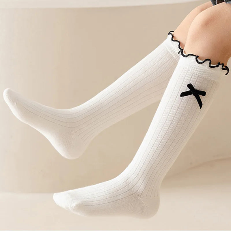 Girls Korean Bow Ruffle Calf Socks for Kids Cute White Knee High Long Lace Children Socks Spring Summer Soft School Stockings