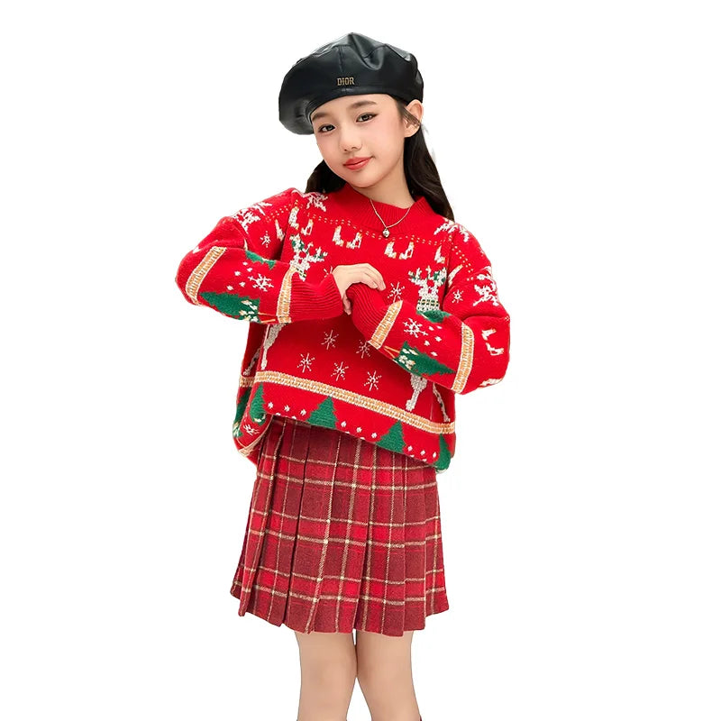 Christmas teen Girls clothes Set red Deer Sweater+plaid pleated skirt 2pcs 4-14 junior kids suit children outfits ensemble fille