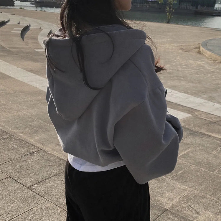 Casual Hood Sweatshirt Women Y2K Zip Up Hoodies Solid Harajuku Long Sleeve Shirt Oversized Crop Tops Female Loose Jackets Coat Beauty hair & fashionfj