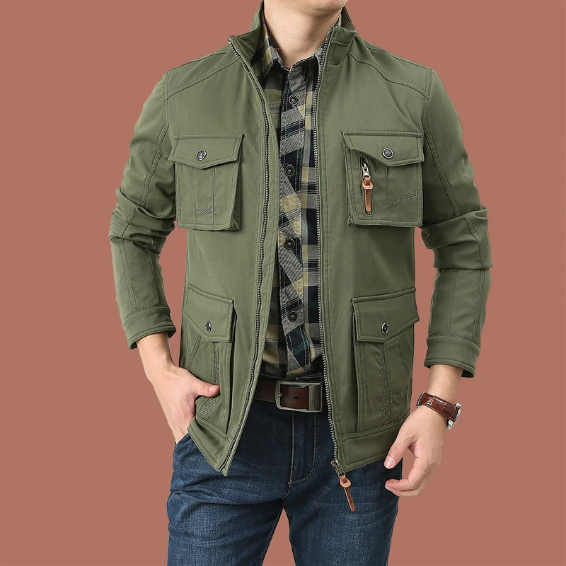 2025 New Workwear Jacket Outdoor Loose Breathable Multi Pocket Stand Up Collar Men's Coat Autumn Hunting Windproof Jacket M-5XL