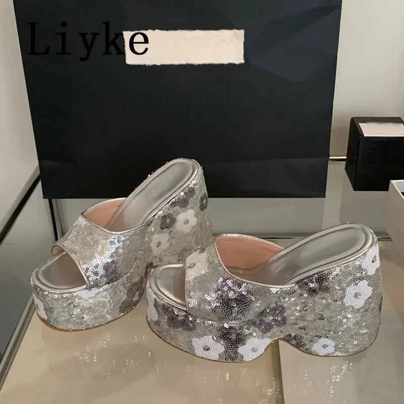 Liyke Fashion Design Mixed Colors Sequined Platform Wedges Slippers Sandals Summer Party Banquet Super High Heels Shoes Women Beauty hair & fashionfj