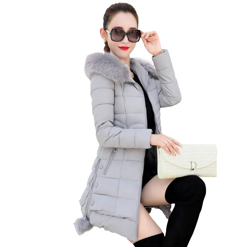 Winter Jacket Women 2025 winter coat pure color casual Fur Collar Hooded long hooded cotton lady jacket