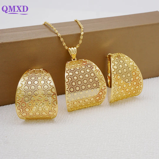 Fashion Dubai Jewelry Sets Gold Color Pendant Copper Classic Earrings Necklace For Women Daily Wear Party Anniversary Gifts