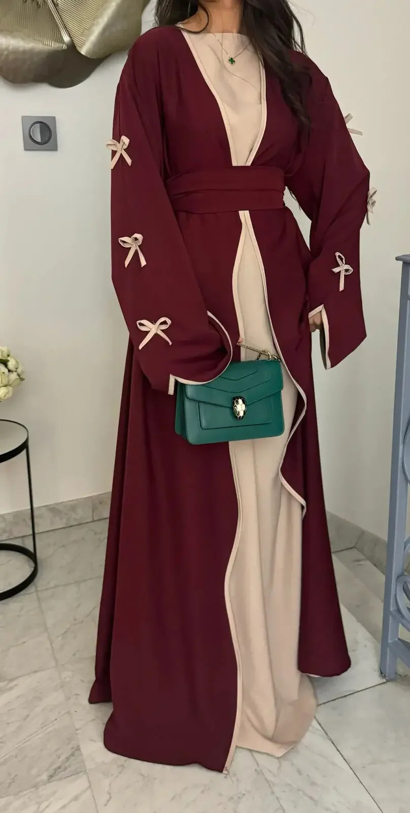 Women Muslim Arab Bow Round Neck Gown Long Sleeves Corset Ramadan Elegant Loose Cardigan Beauty hair & fashionfj