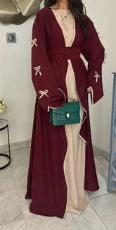 Women Muslim Arab Bow Round Neck Gown Long Sleeves Corset Ramadan Elegant Loose Cardigan Beauty hair & fashionfj