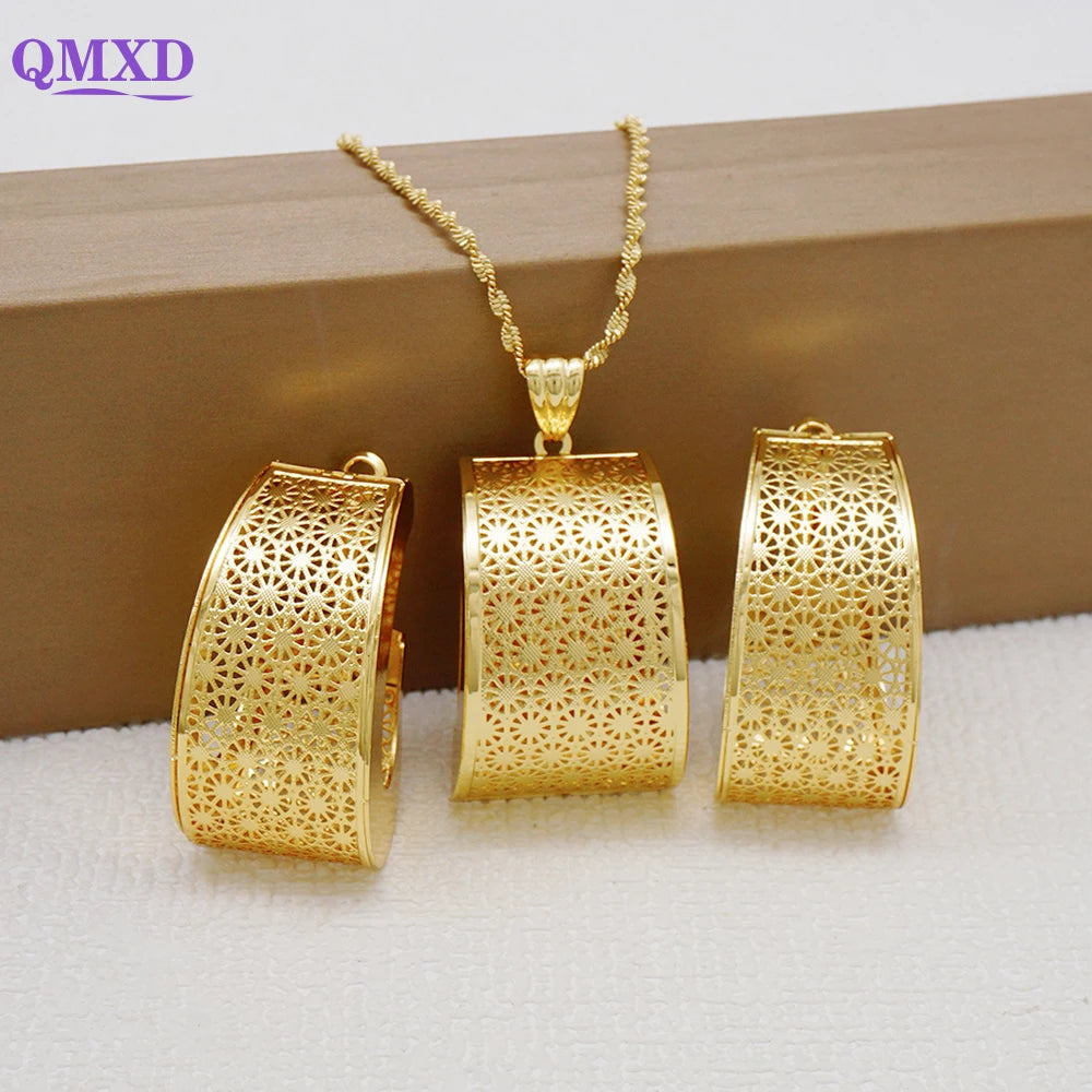 Fashion Dubai Jewelry Sets Gold Color Pendant Copper Classic Earrings Necklace For Women Daily Wear Party Anniversary Gifts
