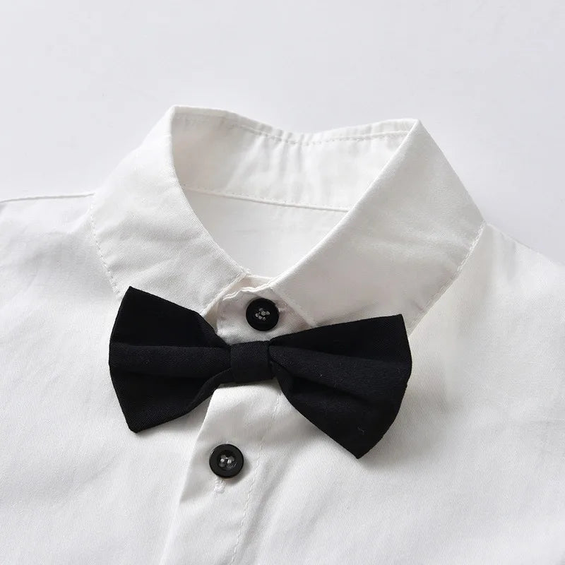 Boys' Formal Outfit Set with Short Sleeve Shirt Bow Tie Suspenders and Shorts Elegant Suit for Wedding and Halloween Party