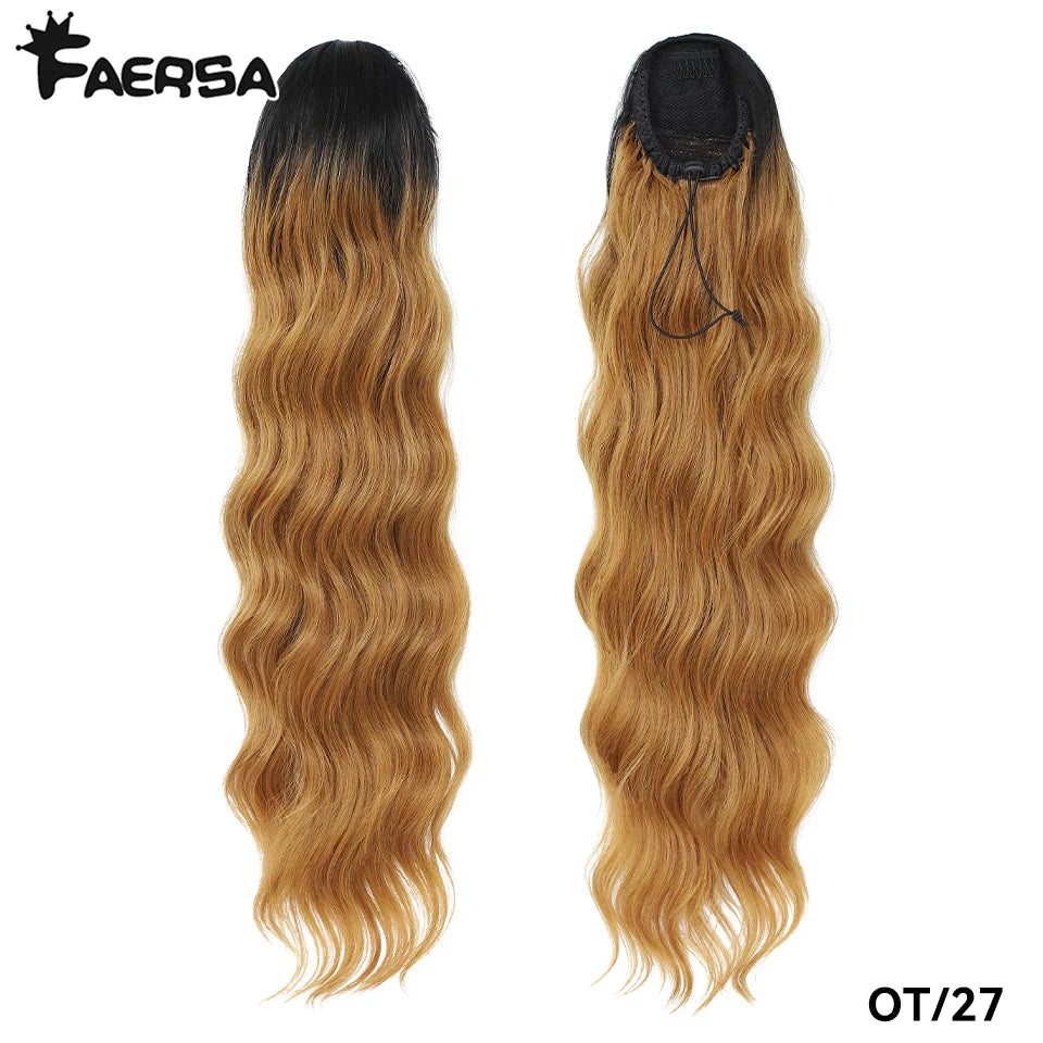 28 Inch Drawstring Ponytail Synthetic Hair Extensions For Black Women Long Wavy Clip-in High Temperature Pony Tail For Afro Girl