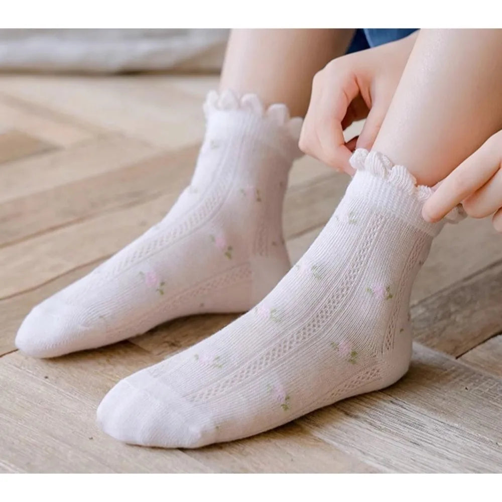 5 pairs of girls' summer thin socks, children's lace butterfly breathable mesh socks