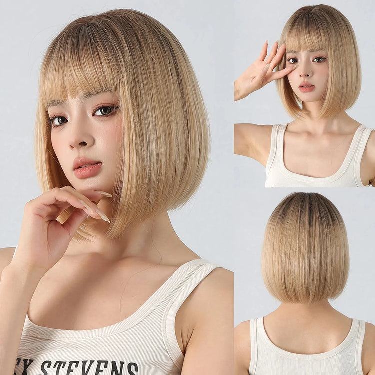 Short Black Brown Synthetic Natural Hair Wigs for Women Bob Straight Wig with Bangs High Temperature Daily Cosplay Party Wigs Beauty hair & fashionfj