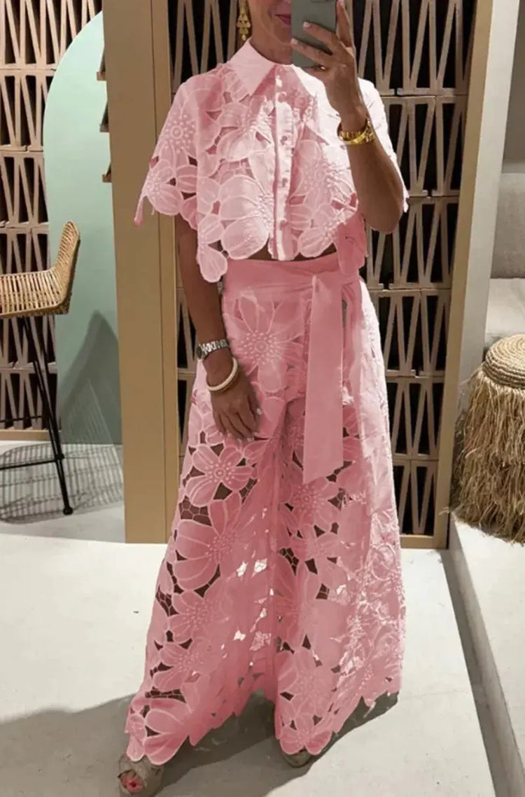 Elegant Lapel Half-sleeved Crop Top + Wide-leg Pants Sexy Hollow 2-piece Set Women Fashion Spring Solid Color Loose Suit Female Beauty hair & fashionfj