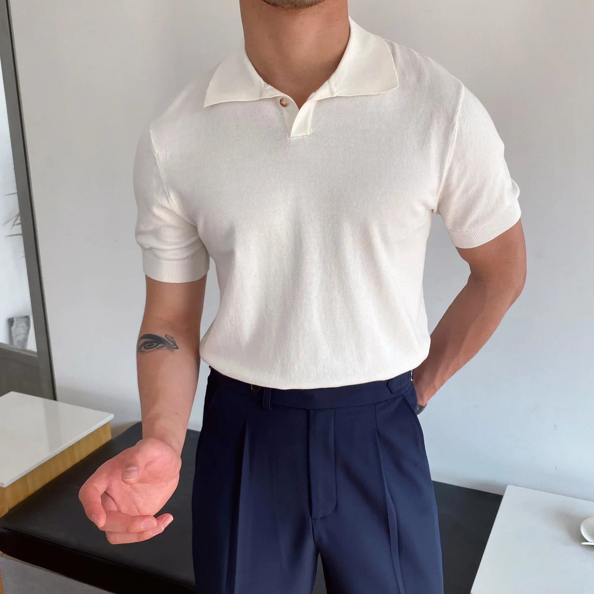 Men's Polo Shirt Elbow-Sleeved T-shirt Fashion Polo Collar Slim-Fit Men Clothing Woolen Sports Polo Tee Shirt Man Golf Shirt EUR Beauty hair & fashionfj