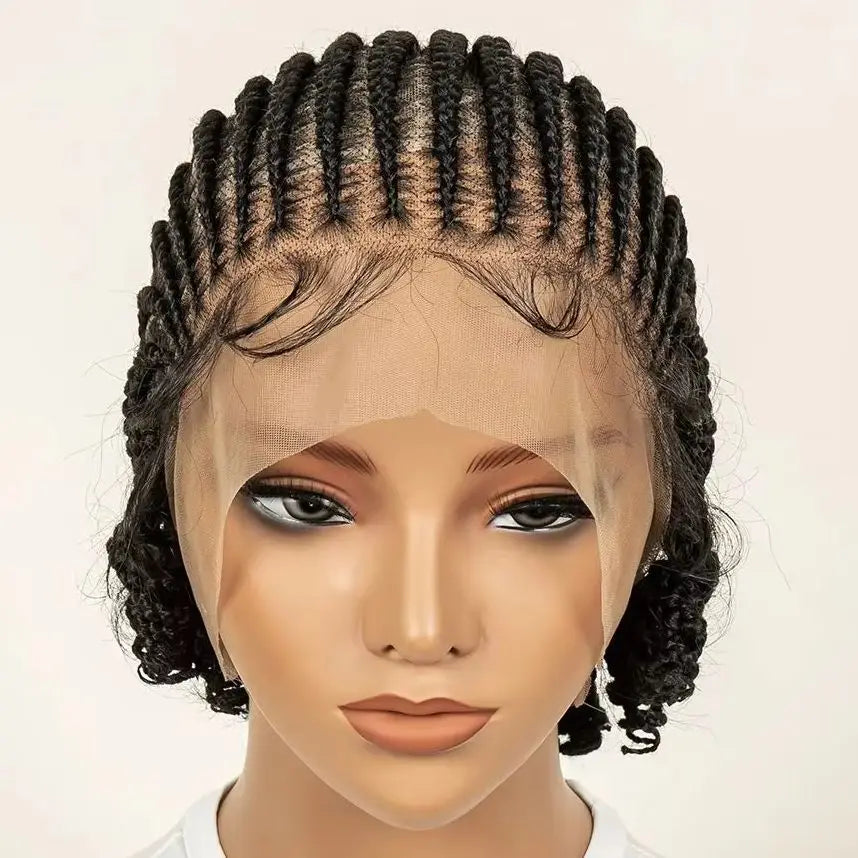 8 Inch Full Lace Synthetic Braided Wig with Baby Hair And Curly Ends Knotless Cornrow for Black Women Natural Looking Wigs