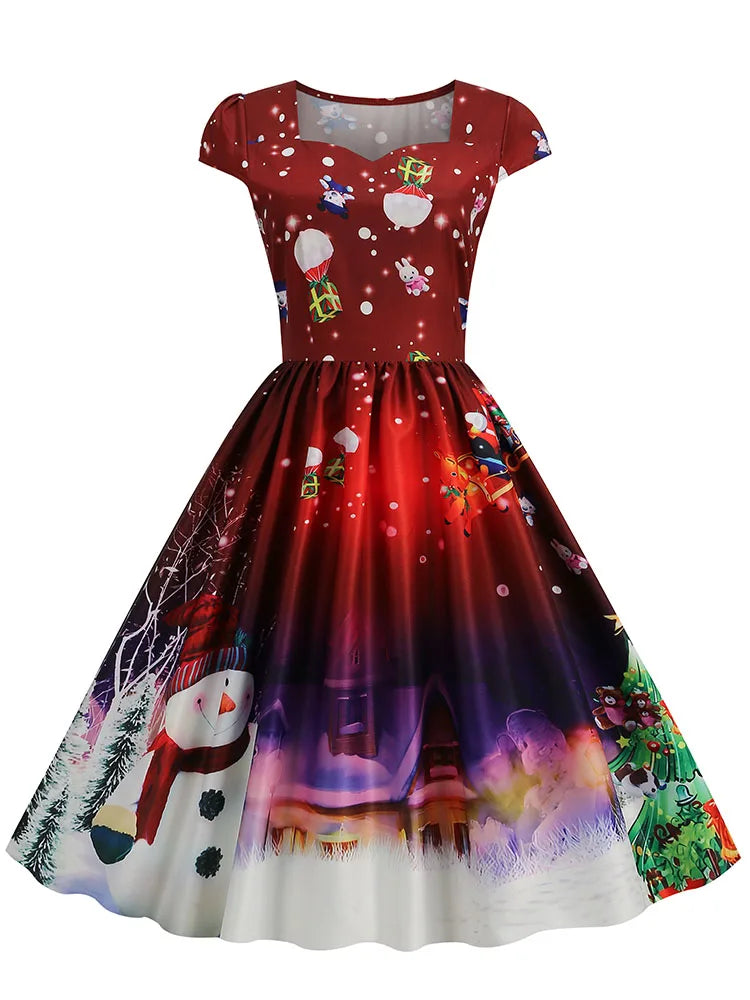Christmas Dresses for Women Winter Pinup Rockabilly Sexy Cosplay Party Dress Santa Claus Snow Print Cocktail Prom Dress