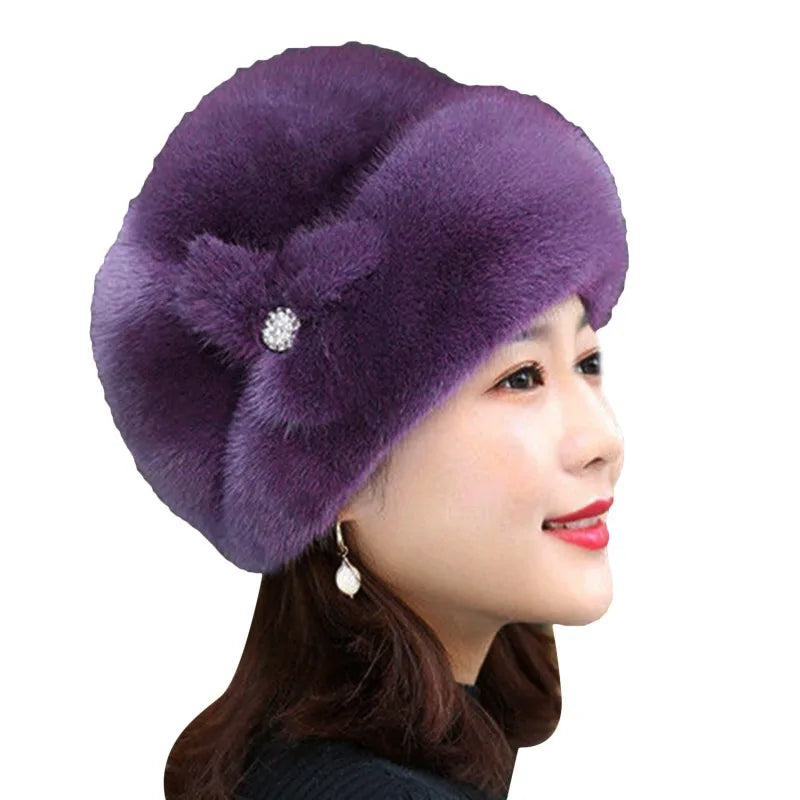 New Winter Warm Hat Imitation Mink Fur Caps For Women Earflap Fisherman Earwarmer Hat Floral Basin Cap