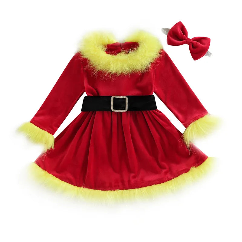 Christmas Baby Girl Clothes Party Dresses Long Sleeve O Neck Plush Patchwork A-line Dress with Belt and Headband Baby Clothing