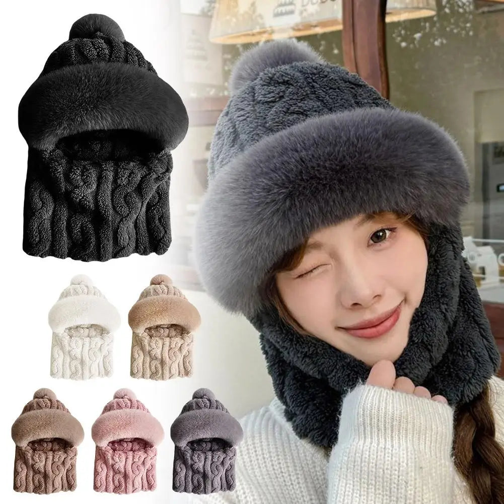 Winter Hat For Women Hooded Face Mask Fluff Keep Warm Thicken Style Neck Scarf Hooded Cap Beanie Knitted Cashmere Neck Warmer