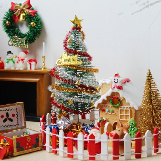 1/12 Scale Miniature Dollhouse Christmas Tree & Mini Fence Doll House X-mas Wreath Decoration Accessories Toy