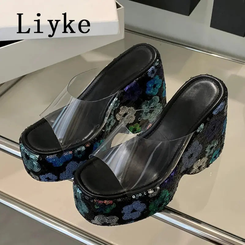 Liyke Fashion Design Mixed Colors Sequined Platform Wedges Slippers Sandals Summer Party Banquet Super High Heels Shoes Women Beauty hair & fashionfj