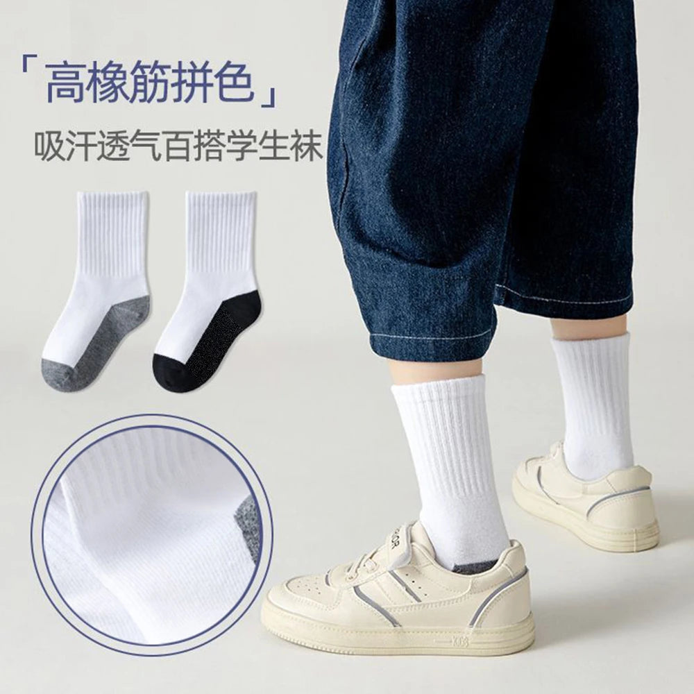 5 pairs of campus student white socks, boys' mid tube socks, mesh socks, breathable, spring and summer sports and leisure socks