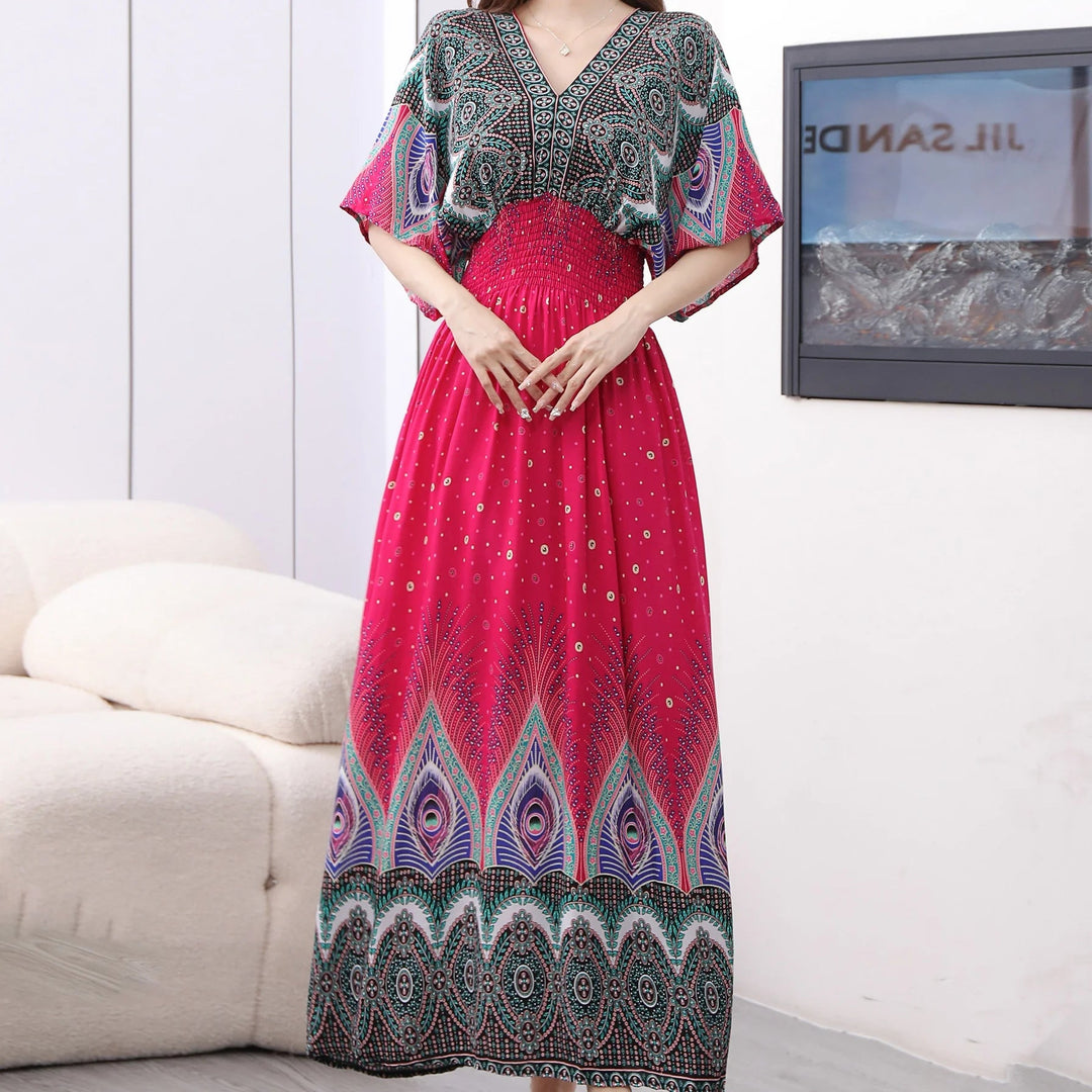 Summer Trend Ethnic V-Neck Printed Women's Dress Vintage Elegant Batswing Sleeves Elastic Waist Large Swing Casual Holiday Dress Beauty hair & fashionfj