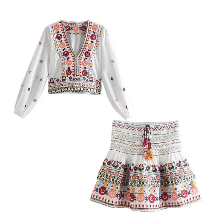 Batwing Sleeve Women Autumn Embriodery Paisley Print Skirt Set Outfits V Neck Button Tiered Mini Skirt Dress Suit Vintage Set Beauty hair & fashionfj