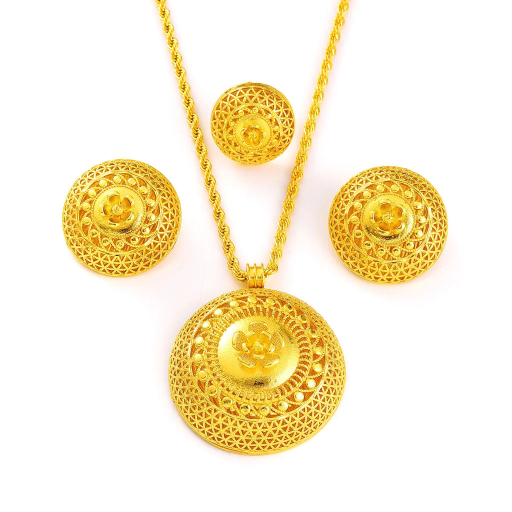 African Women Classic Ethnic Style Jewelry Set Golden Color Pendant Necklace Earrings Ethiopian Bridal Wedding Luxury Gift